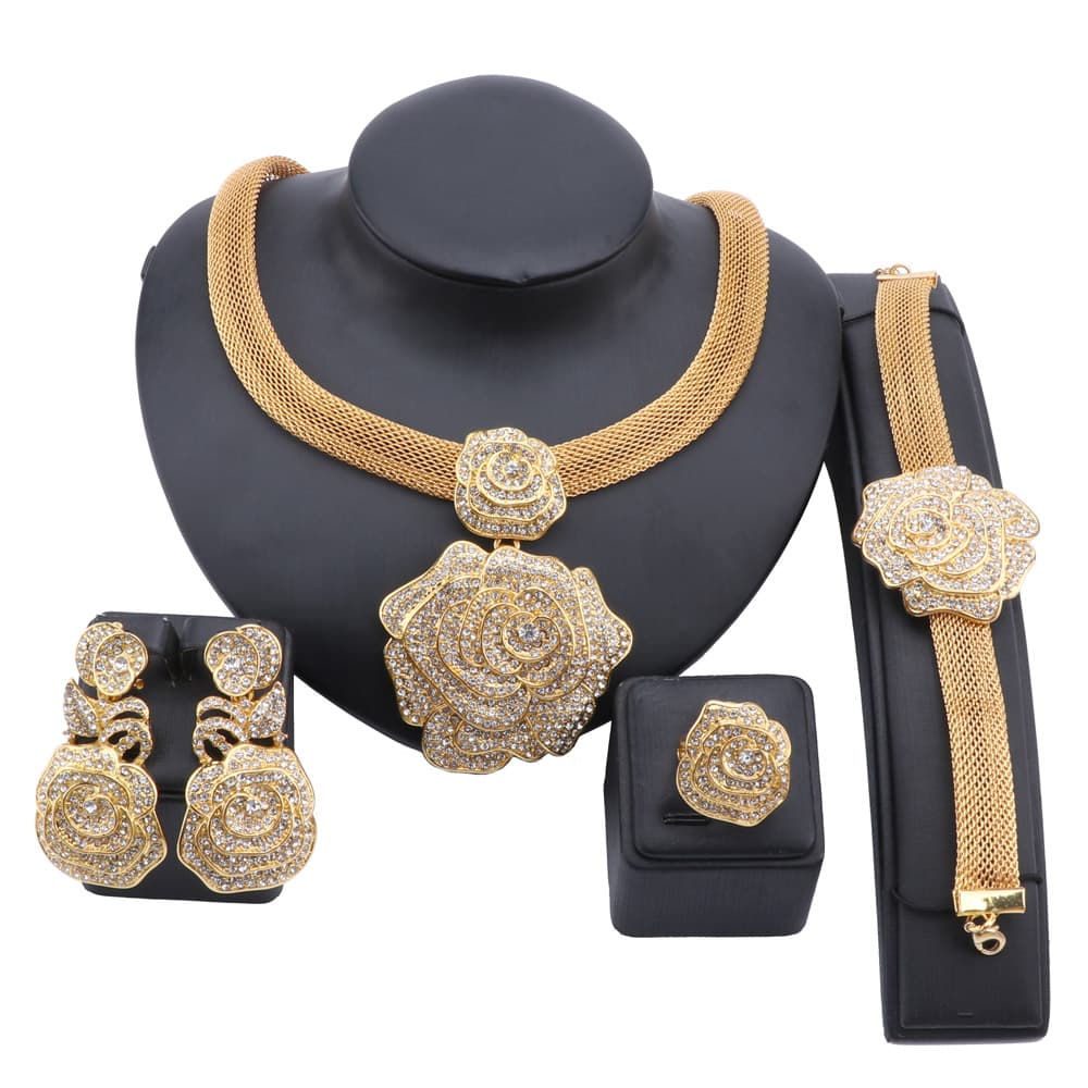 Italian Crystal Necklace Earings Bracelet Ring Jewelry Set African Bride Jewelry For Women Wedding Party Gifts
