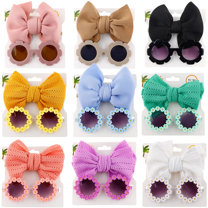Sun Flower Sunglasses Bow Hairband Set Cute Baby Girls Hair Accessories Newborn Head Bands Summer Beach Photography Props 2Pcs