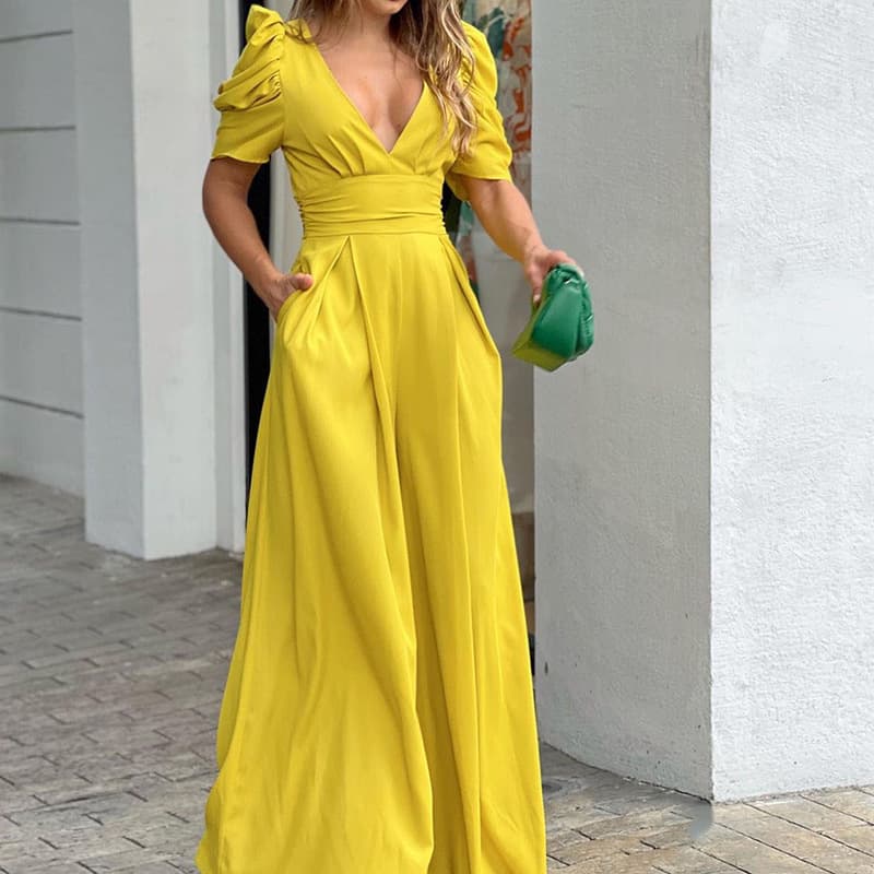 Women's clothing women's clothing solid color temperament elegant v-neck high waist wide leg jumpsuit