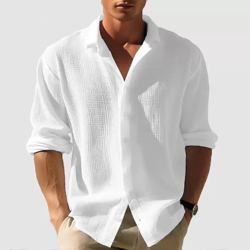 Men's Solid Color Small Waffle Long Sleeve Autumn Single Breasted Fashion Casual Shirt Streetwear Cardigan