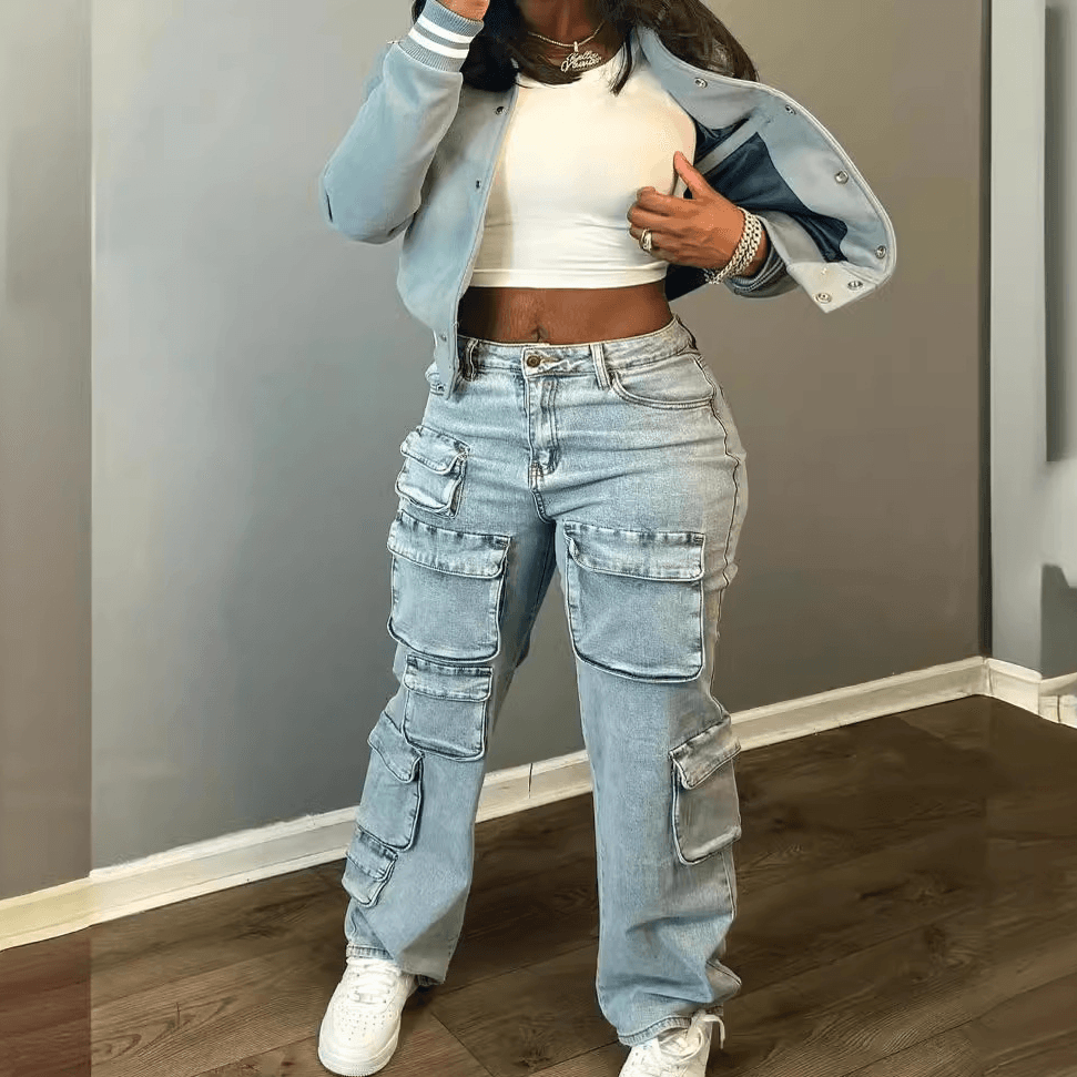 Women's Clothing Sexy Street Fashion Three Dimensional Multi Pocket Workwear Style High Elastic Denim Straight Trousers