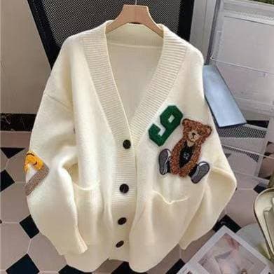V-Neck Teddy Bear Cardigan – Oversized Acrylic Knit Sweater (One Size) – Soft & Cozy Campus Chic In Cream/Red/Navy