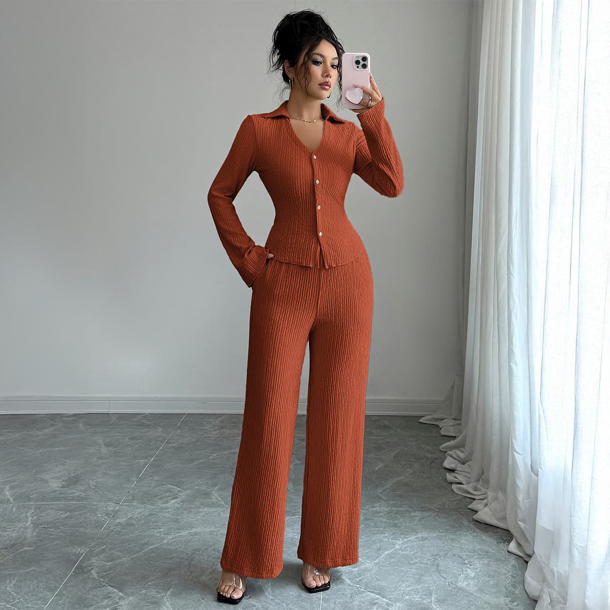 Minimalist Long-Sleeve T-Shirt & Straight Leg Pants Set – Breathable Polyester Lounge-to-Street Outfit (S-XL, Navy/Khaki/Smoke Grey)