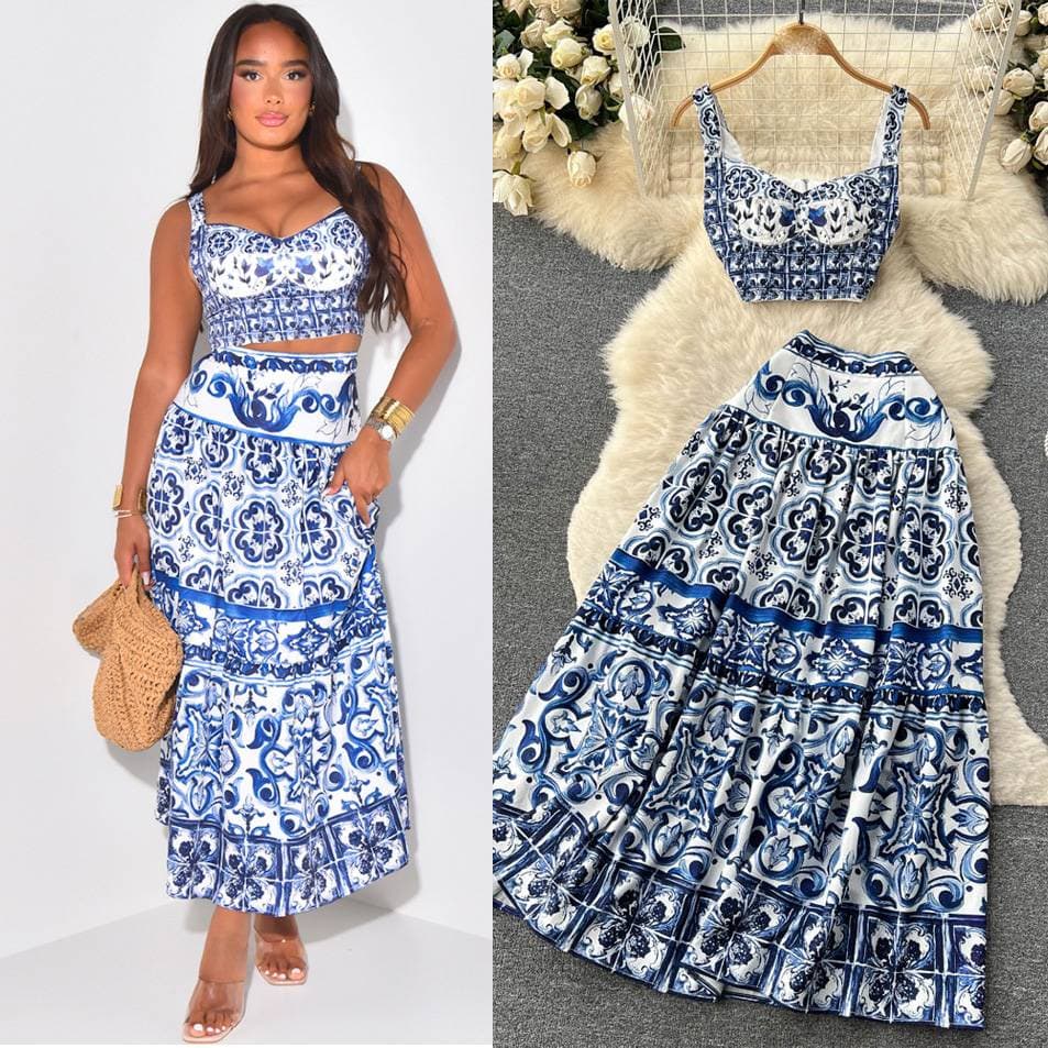 Women's Blue And White Porcelain Print Skirt Set Casual High Waist Mid-Length Pencil Skirt With Revealing Waist Camisole