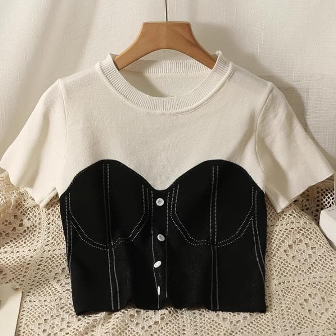 Short Sleeved Round Neck Stitching Knitted T Shirt Female Design Niche Puff Sleeve Short Top Two Piece Set