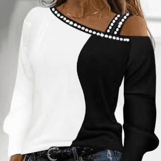 Women's fashion hot drill T-shirt shoulder long sleeve top