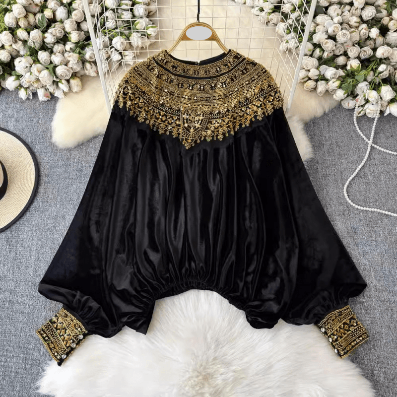Women's Clothing Sequined Gold Velvet Textured Design Niche Fashion Quality Shirt Autumn And Winter New Products