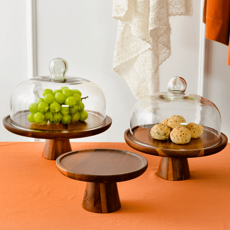 Wooden Cake Tray Food Storage Box With Glass Lid Kitchen Fruit Cake Dessert Nut Snack Kitchen Storage Box