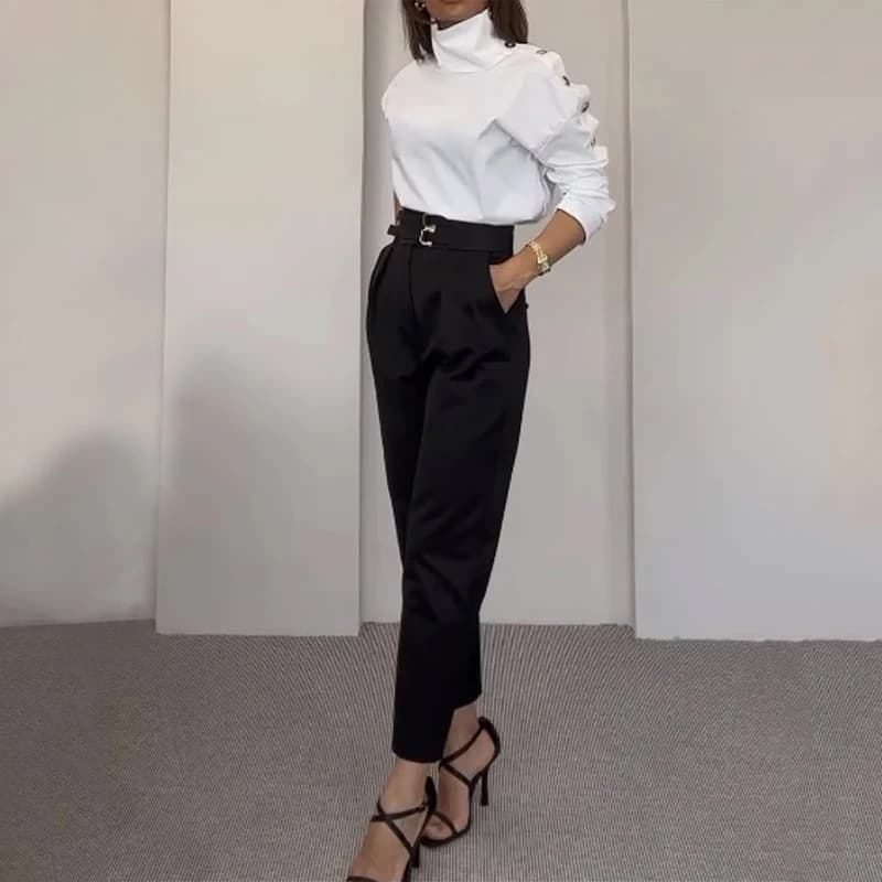 Women's Fashionable Solid Color High-neck Slanted Shoulder Tops And Pants Suits For Women