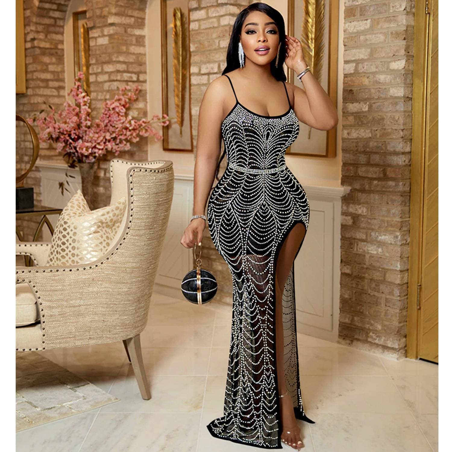 Women's Clothing Fashion Solid Color Suspender Irregular Hot Diamond Long Skirt Dress Women