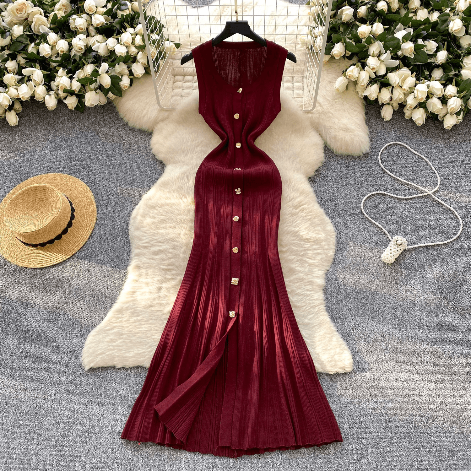 Women's Clothing Round Neck Sleeveless Knitted Dress Women's Slim-fit Slimming Metal-breasted Tight Hip Dress