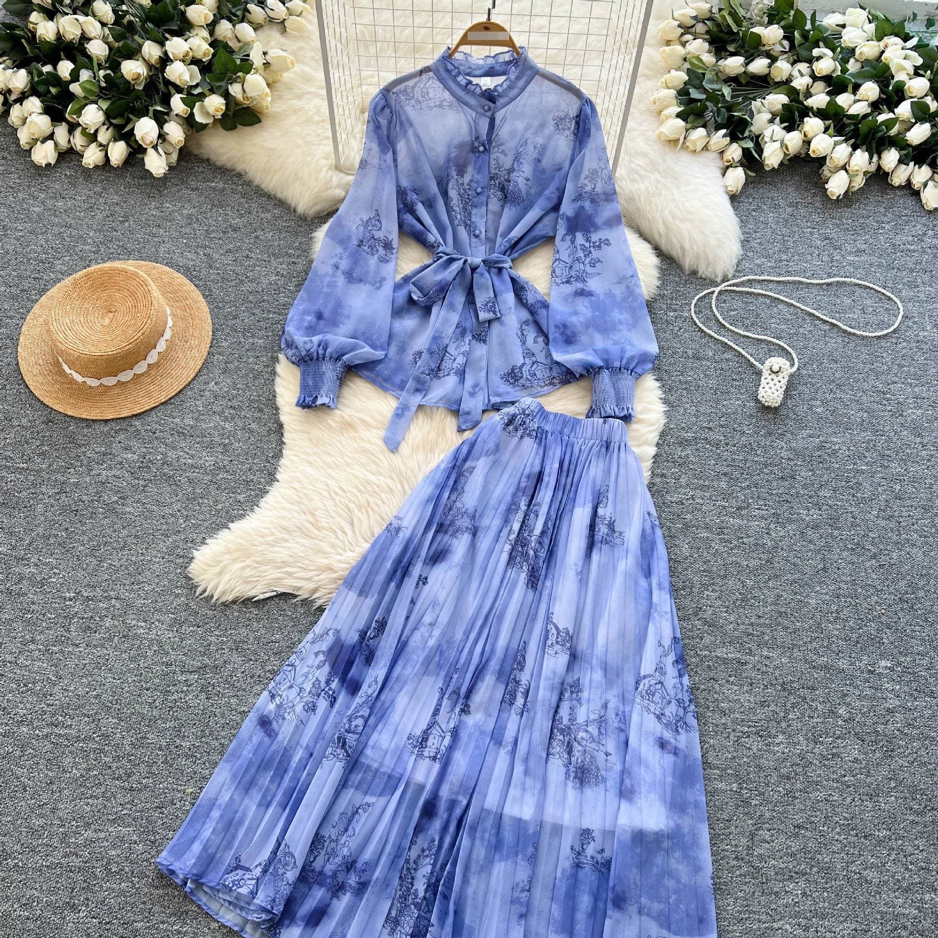 Elegant Wrap Blouse & High-Waist Skirt Set – Flowy Chiffon Top With Lantern Sleeves & Tiered Midi Skirt (One Size, 5 Colors)​