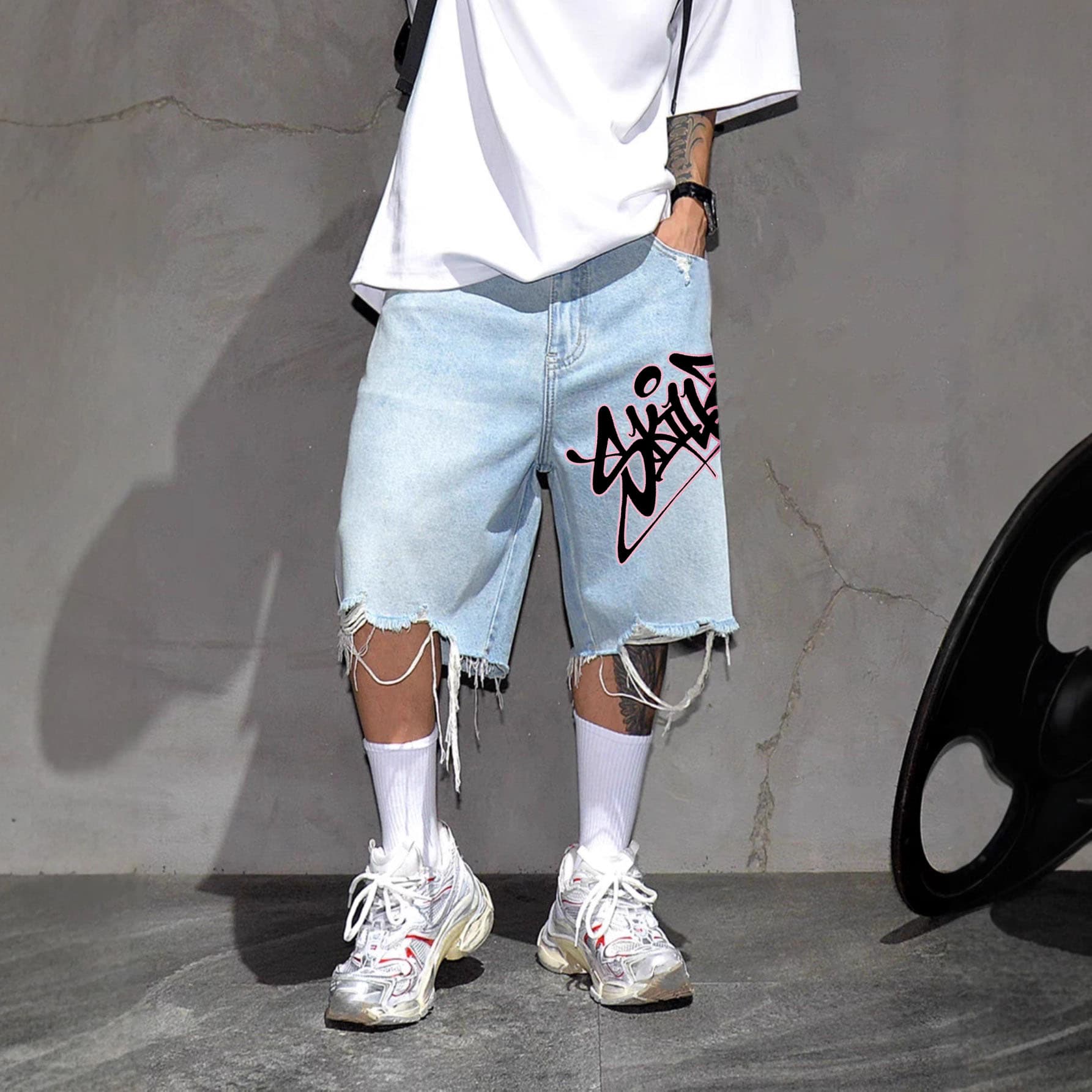 Men's Hip-Hop Graffiti SSS Denim Shorts - Distressed Fringe 5-Inch Casual Streetwear Shorts