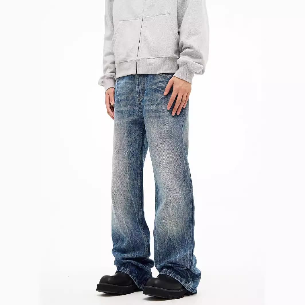 Men's Clothing Fashion Mid Waist Design Lightning Crack Washed Jeans For Men Spring And Autumn Retro Loose Straight Pants
