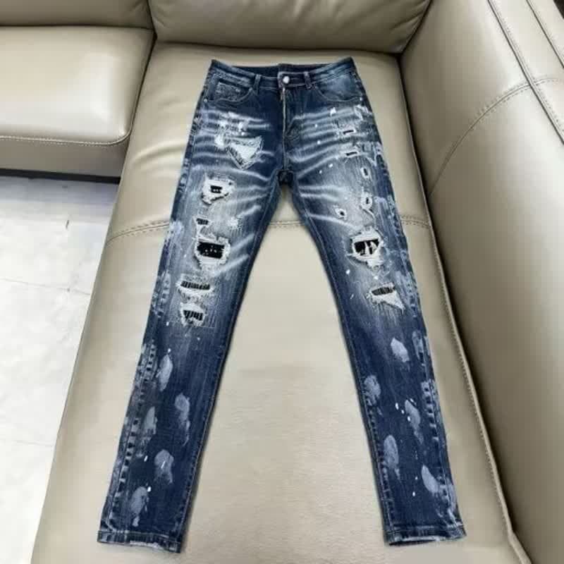 Men's Slim Fit Blue Distressed Jeans – Stylish Ripped & Stitched Denim Pants (Mid-Rise, Straight Leg, Casual & Streetwear)