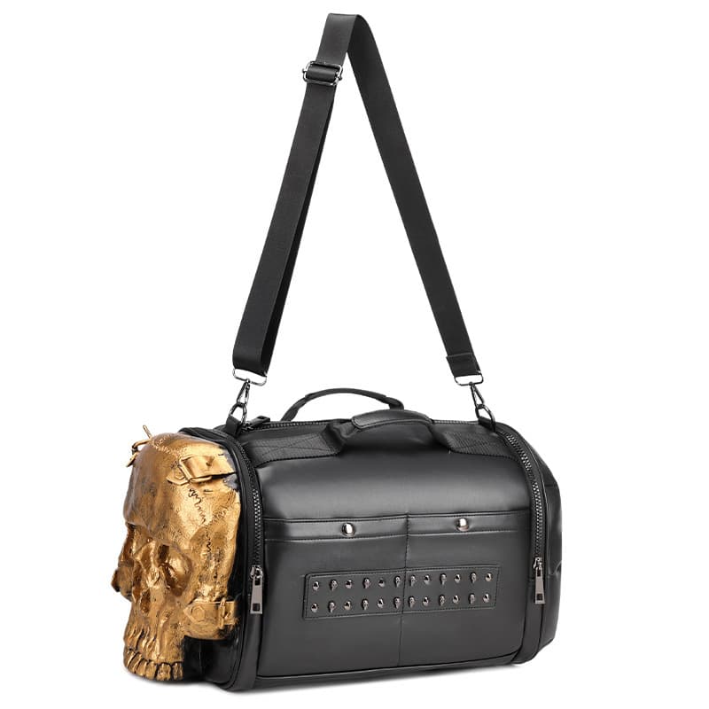 3D trendy skull head men's bag with PU leather rivets, large capacity single room crossbody, hand-held travel bag
