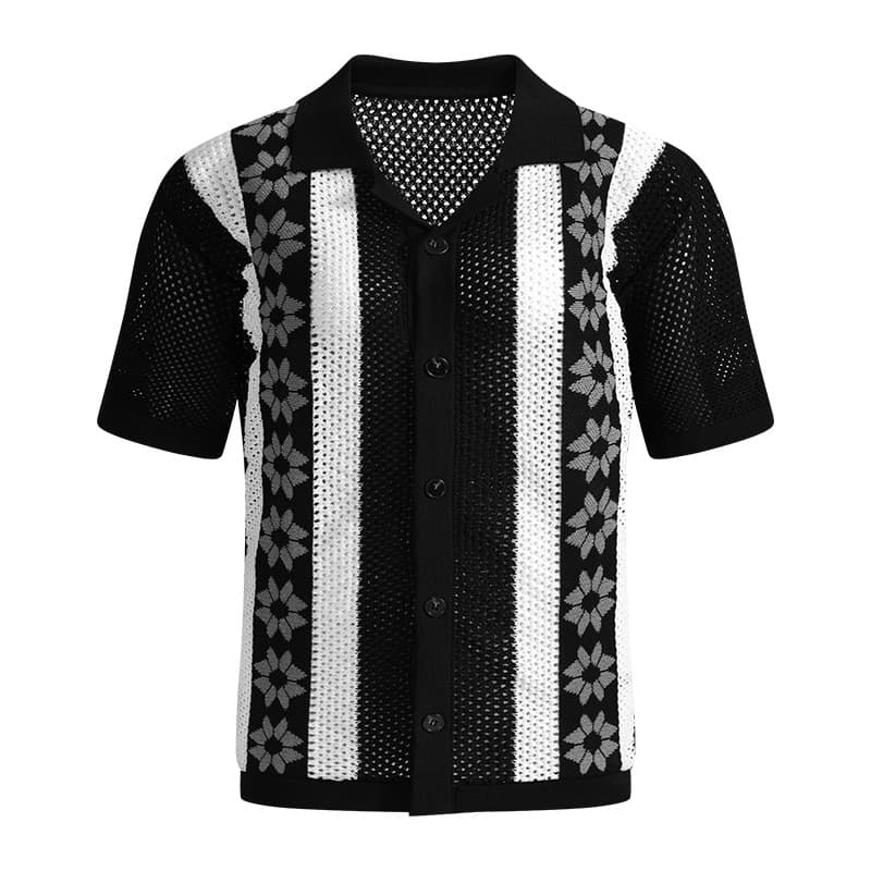Men's 3D Hollow Out Short Sleeve Knit Cardigan - Breathable Summer Casual Stripe Shirt For Slim Fit Comfort​