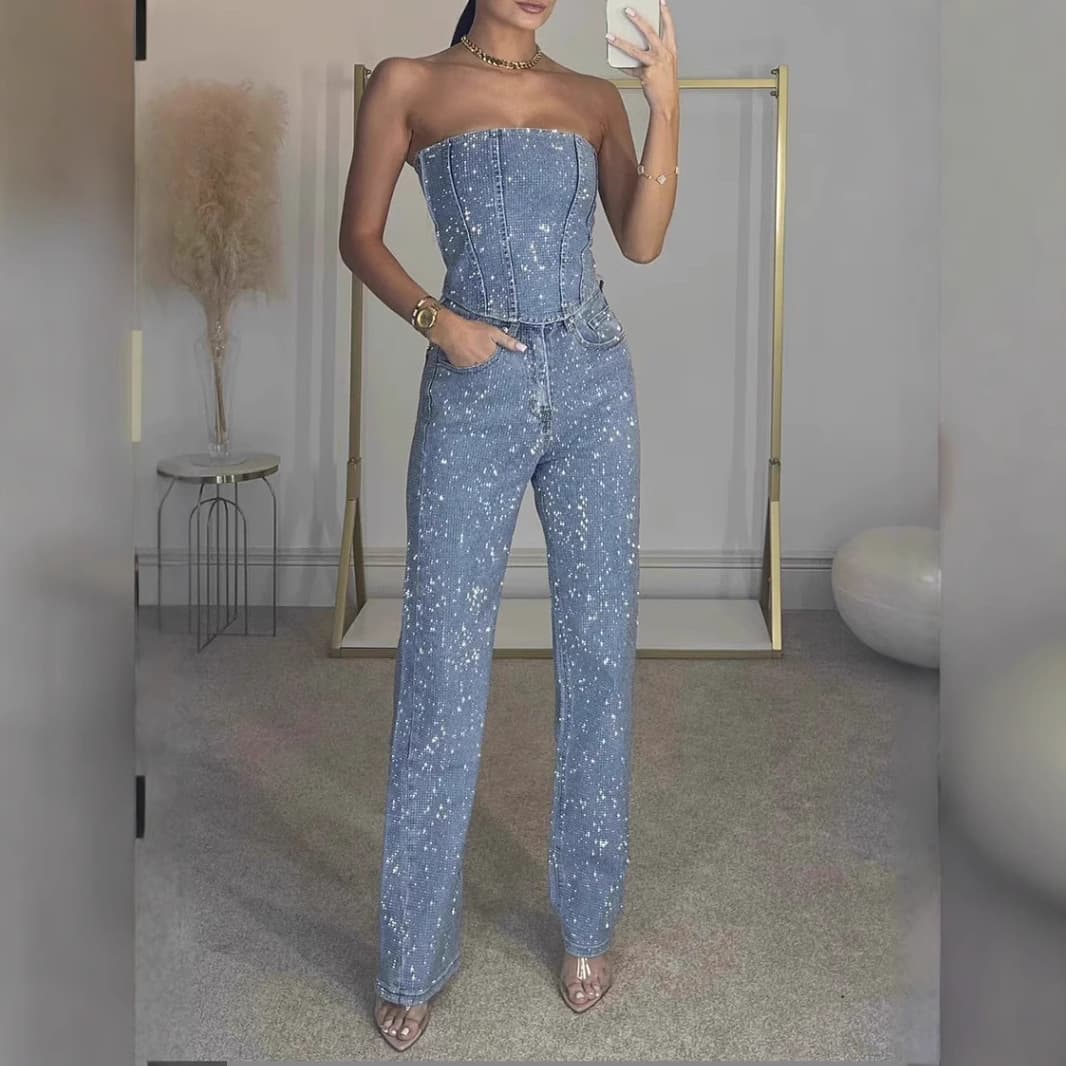 Sexy Off-shoulder Sequined Vest And Diamond Pants Denim Two-piece Set For Women At Parties And Nightclubs