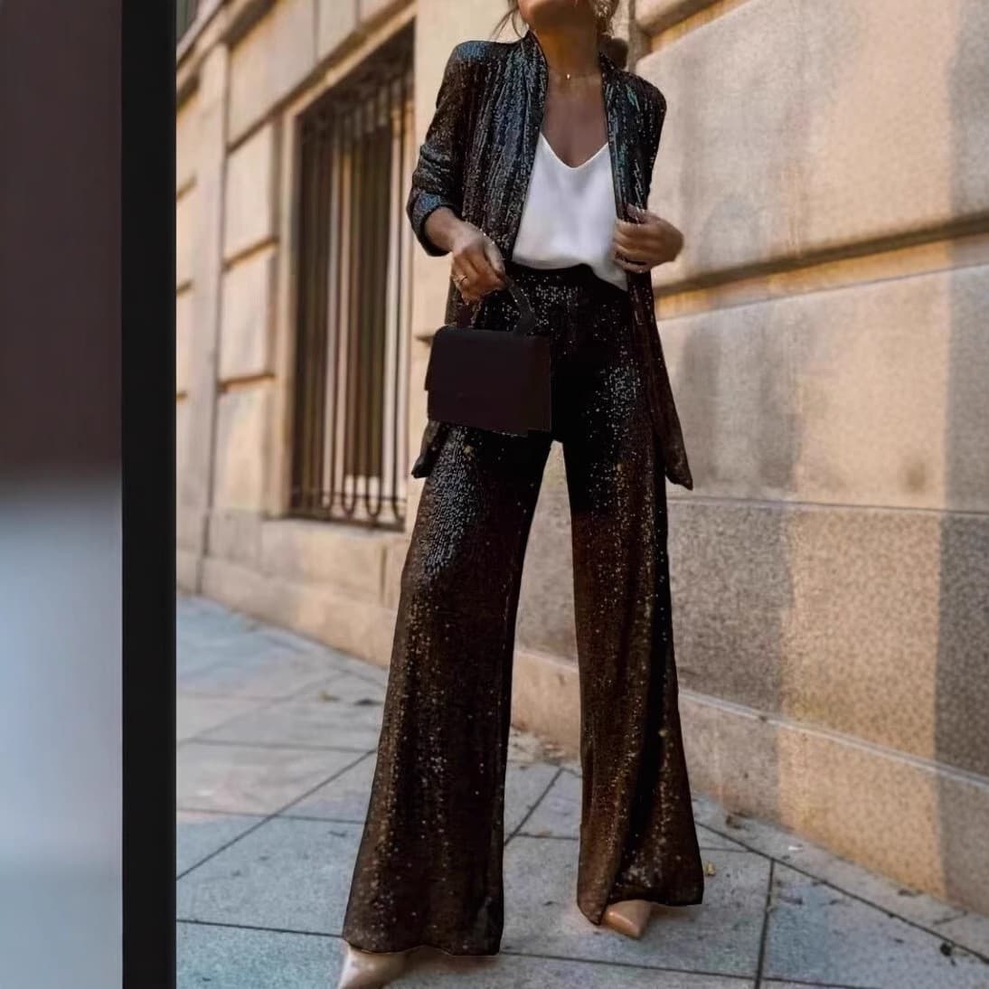 Elegant Sequin Blazer & Pants Set For Women - Fashionable Office Wear With Stylish Design - Trendy Two-Piece Outfit For Parties & Work