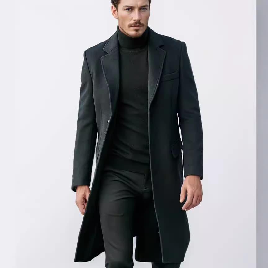 Men's Clothing Slim Mid Length Woolen Coat Single Breasted Trench Coat Slim Fit