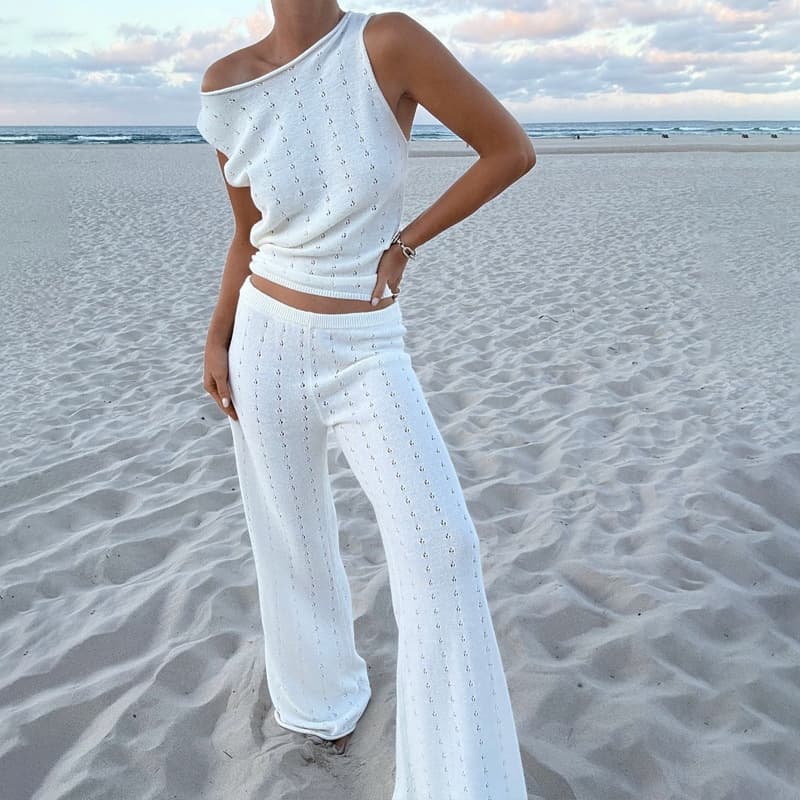 Women's Clothing Sleeveless Vest Casual Trousers Spring And Summer Beach Style Knitted Embossed Temperament Ladies Suit