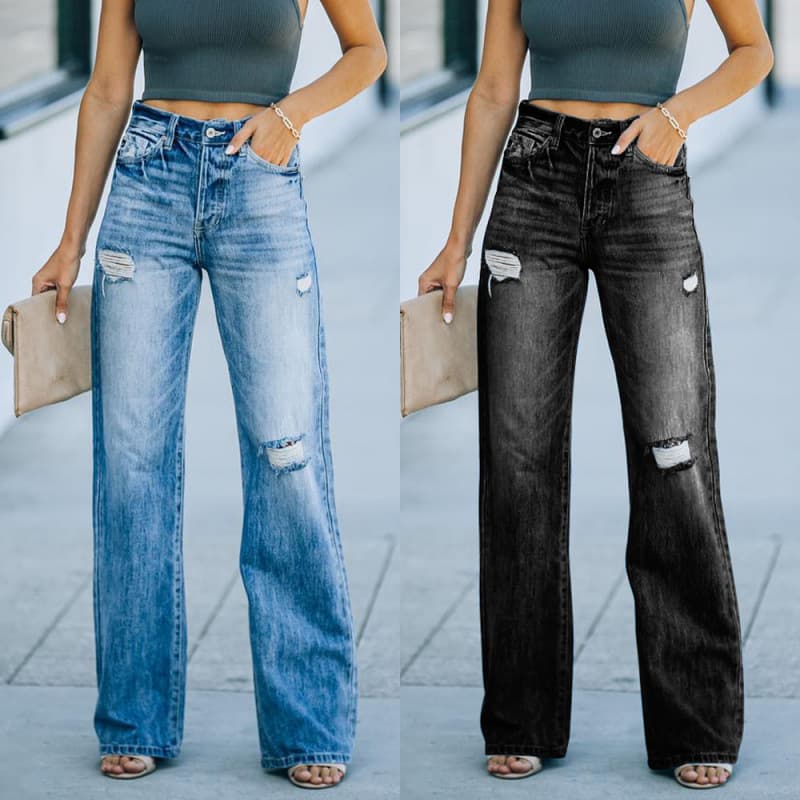 Women's Clothing Jeans Women's Fashion Washed Ripped Holes Slimming Wide Leg Denim Trousers