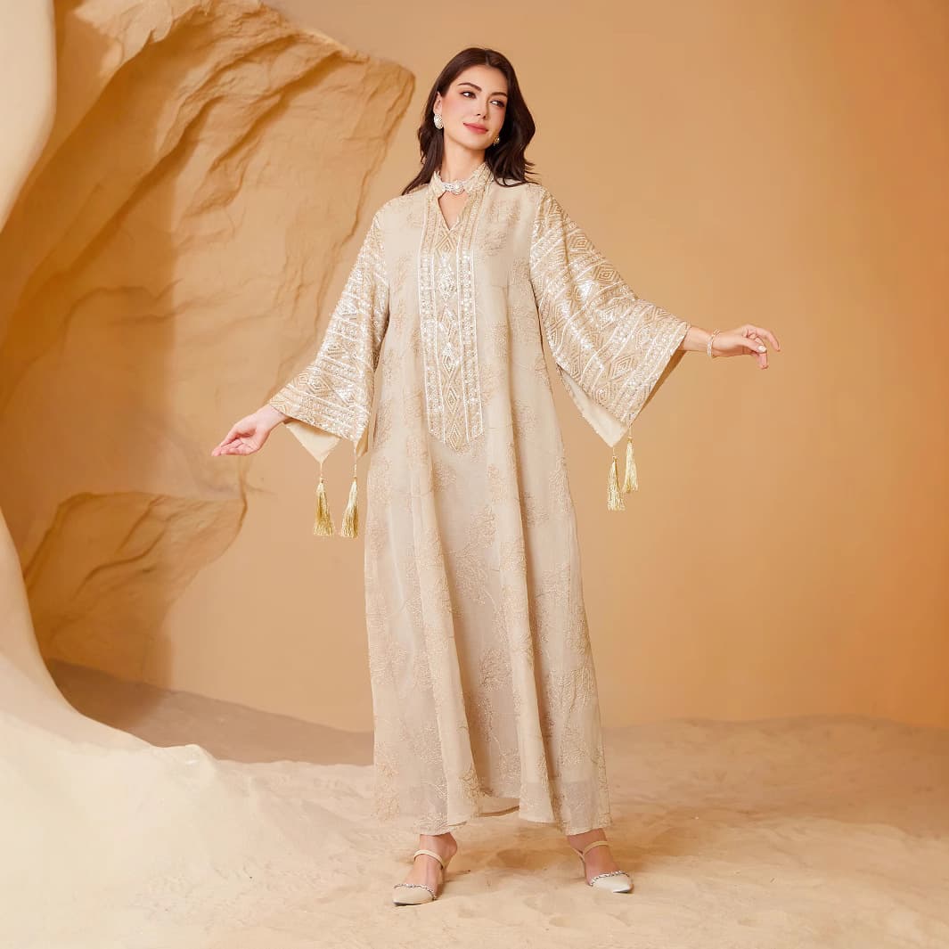 Elegant Embroidered Abaya Dress With Sheer Lace & Sequins – Modest Islamic Maxi Gown For Women, Flowy Bell-Sleeve Dubai Style Long Dress