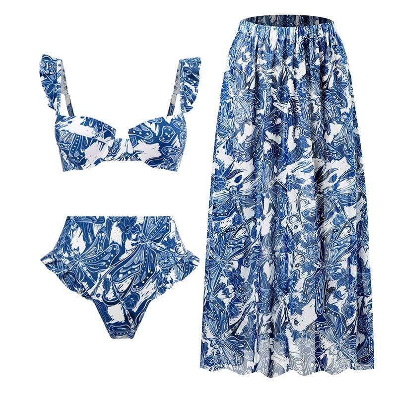 Bohemian resort style three-piece swimsuit Multicolor printed beach spa gauze skirt