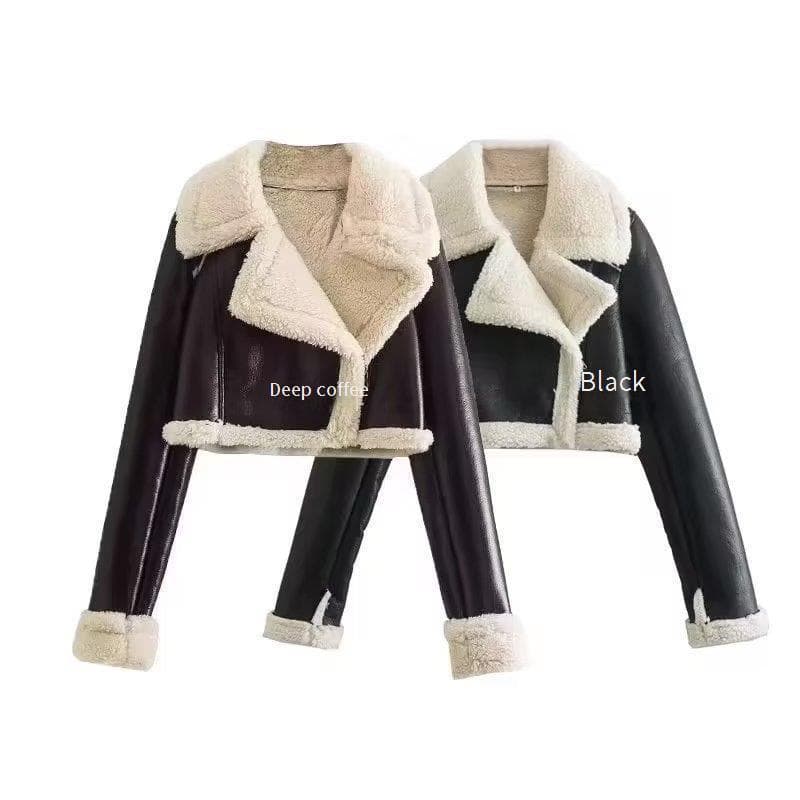 Women's Lapel Fur Fleece Double Sided Short Jacket Faux Fur Collar Reversible Fleece Short Jacket For Women - Winter Fashion Outerwear