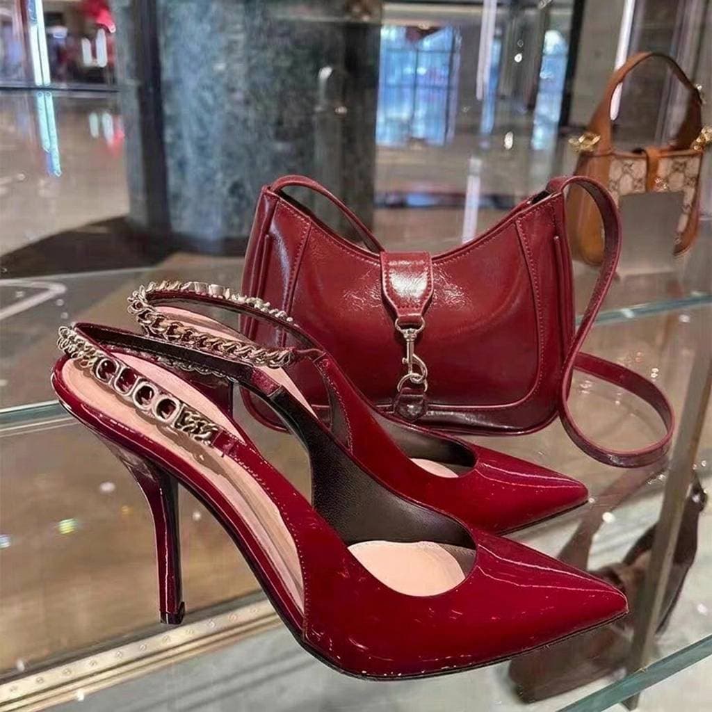 Women's Chain Heels & Underarm Bag Set – Pointed Toe Slides With Mini Shoulder Bag (Evening Glam Combo)​