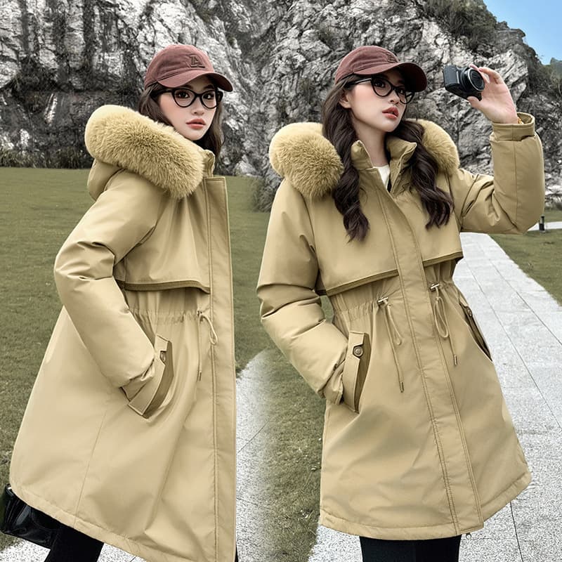 Women's Clothing Cotton Jacket Fur Collar Cotton Longline Belted Rabbit Fur Trim Hooded Parka Coat With Thickened Polyester Filling For Winter