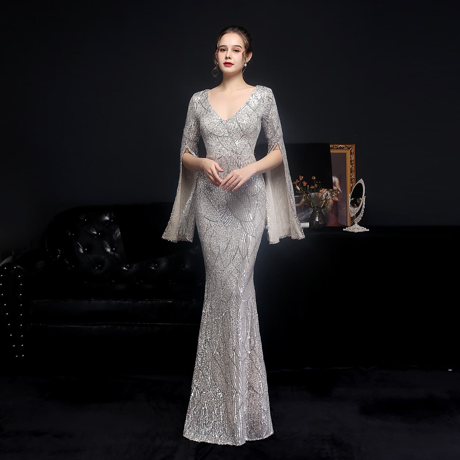 Women's Clothing Sequined Long Banquet Slim Fishtail Elegant Lady Party Annual Meeting Host Evening Dress