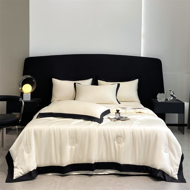 Camellia Embroidery Washed Ice Silky Summer Blanket - Lightweight Air Conditioning Duvet In Solid Colors