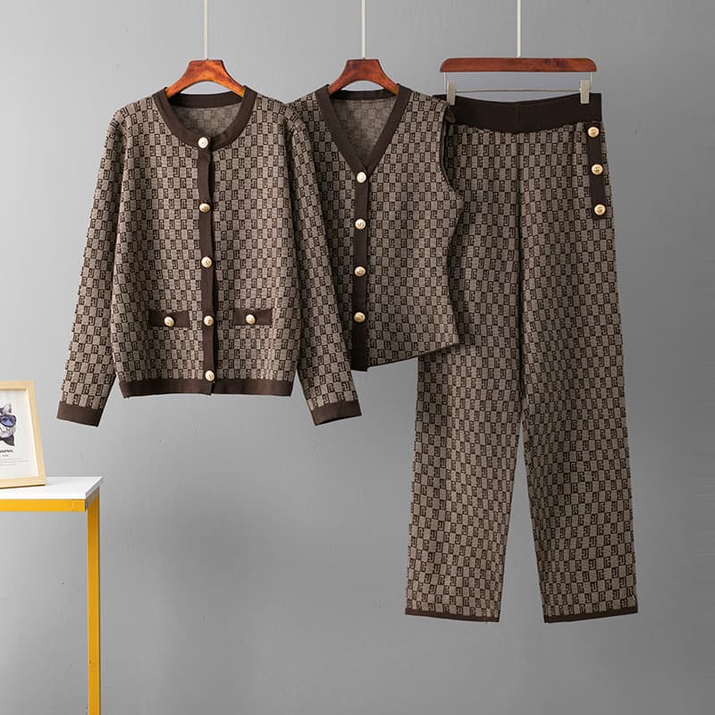 Women's Clothing jacquard wool three piece cardigan round neck button top + knitted vest + loose casual pants set