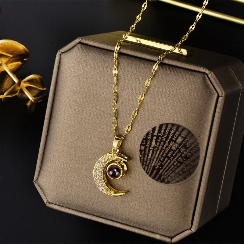 Temperament Net Red Trendy Clavicle Chain Creative Moon Projection Pendant Titanium Steel Necklace Simple Diamond Short Necklace Women