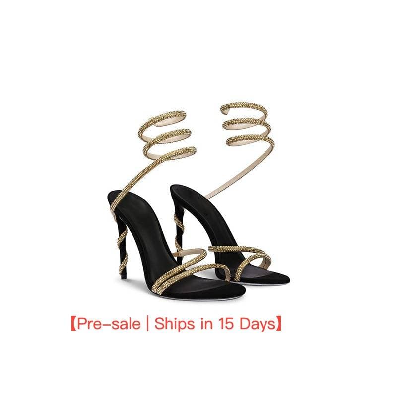 【Pre-sale | Ships In 15 Days】Serpentine Winding Sandals Women's Summer Fashion New Black Web Celebrity Sexy Rhinestone Stiletto Heels
