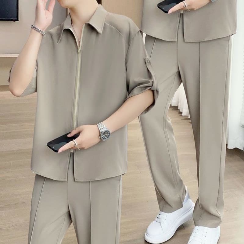 Men's Premium No-Iron Ice Silk Short Sleeve Shirt & Relaxed Trousers 2-Piece Set | Wrinkle-Resistant Casual Suit With Drapery Fit For Summer