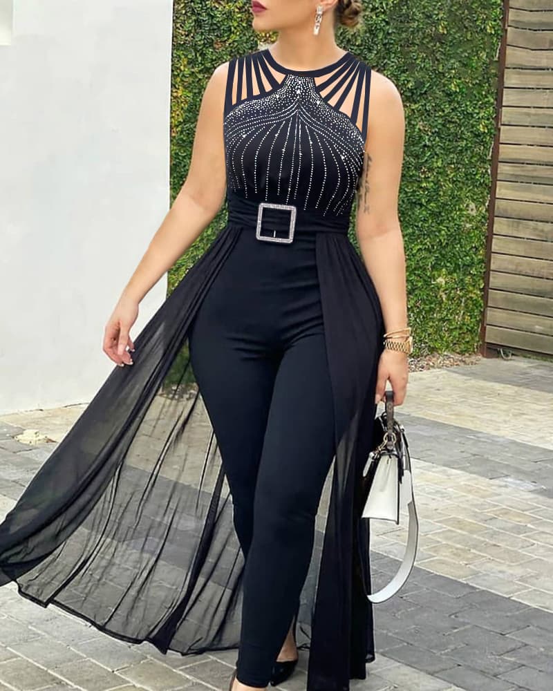 Women's black sleeveless strap hot diamond design waist mesh mop jumpsuit