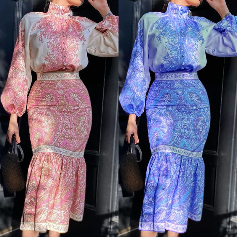 Women's fashion printed top mid-length bag arm skirt set