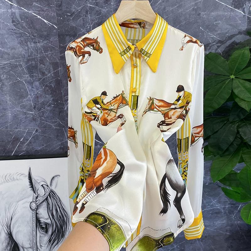 Women's Clothing heavy silk stretch satin equestrian positioning flower print shirt women's tops
