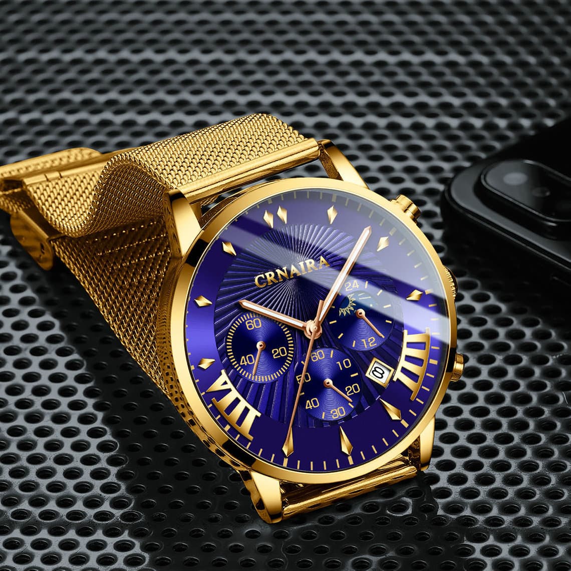 CRNAIRA brand watch men's pop quartz watch three eyes six hands waterproof rustic gold watch