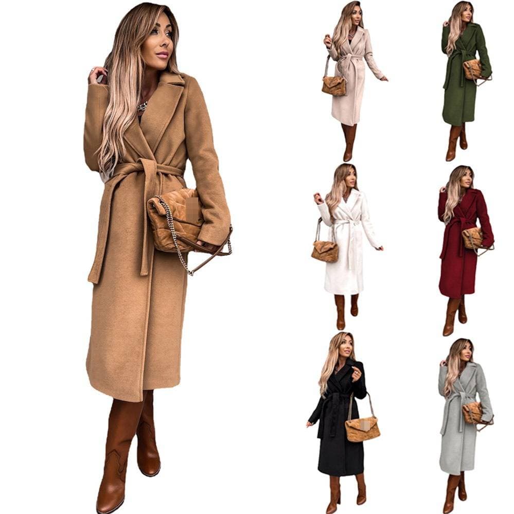 Elegant Long Sleeve Belted Wool Coat For Women – Oversized Lapel Trench Coat In Solid Colors (White, Beige, Black, Khaki, Burgundy, Sky Blue)