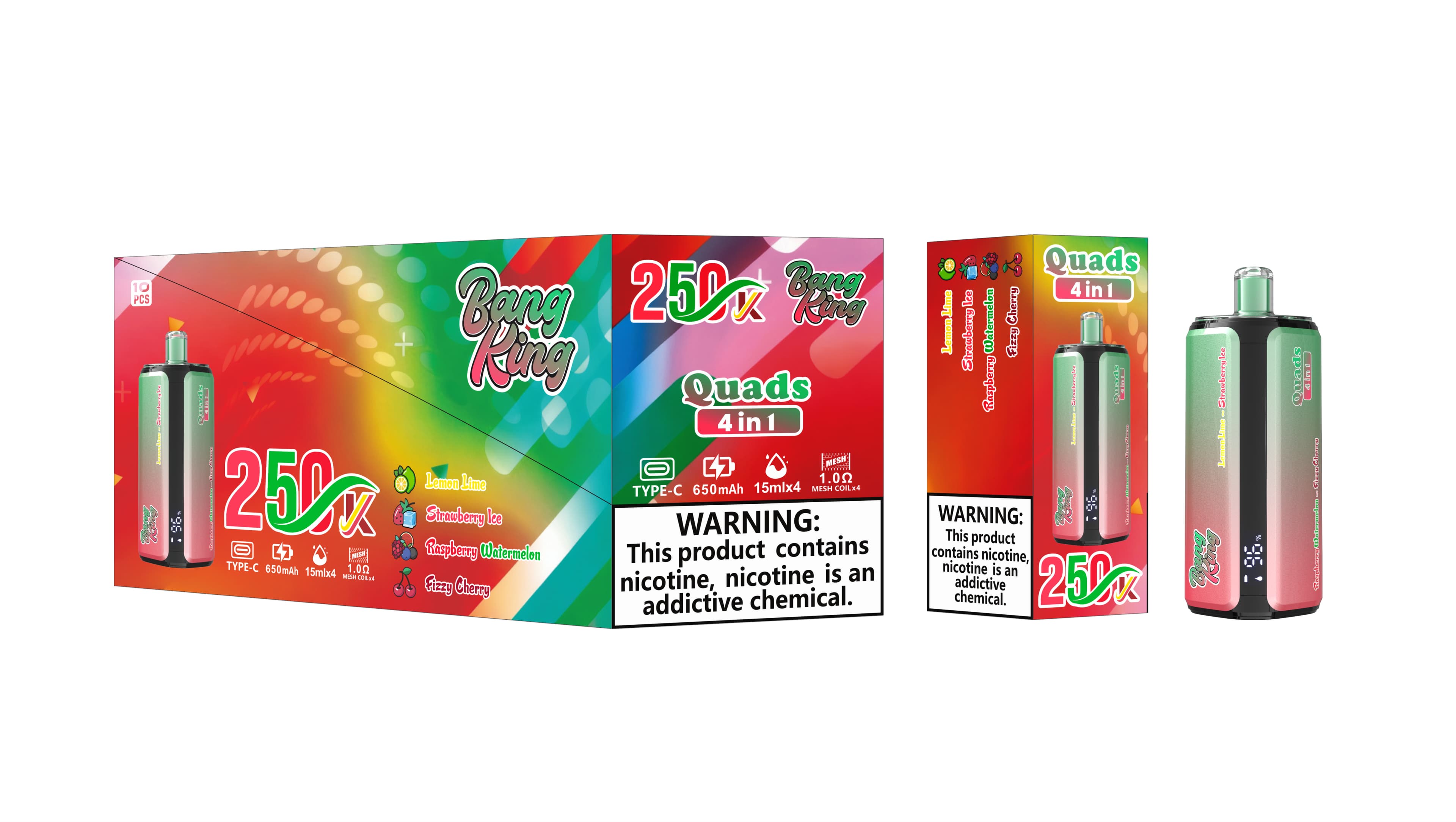 Cigarette électronique jetable Bang King de haute qualité, 250 000 bouffées, écran intelligent, 4 saveurs en 1, prix abordable.