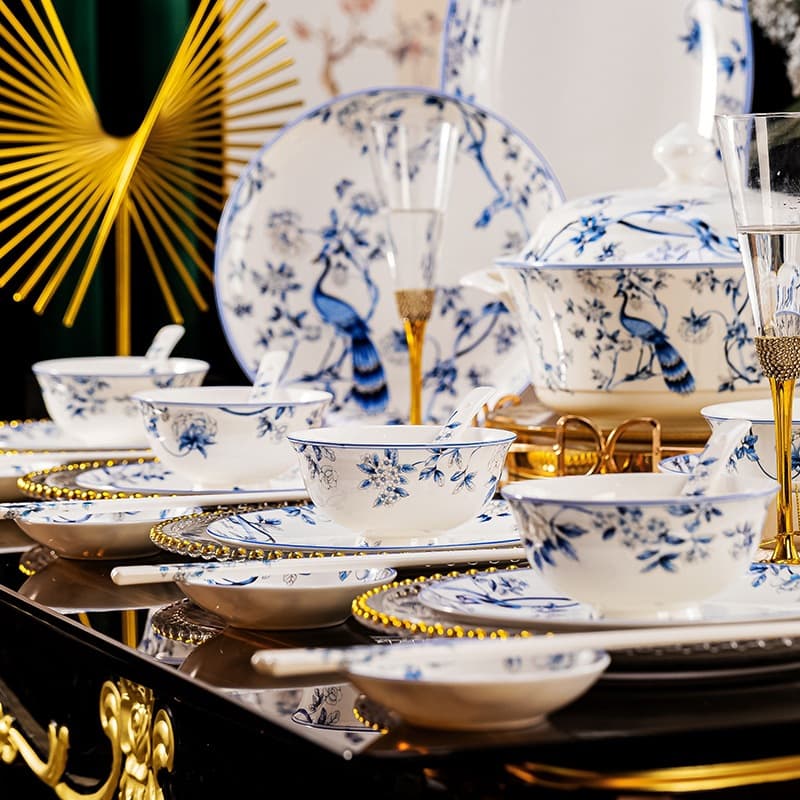 Blue Peacock Porcelain Dinnerware Set – Hand-Painted 56-Piece Chinese Ceramic Tableware, Microwave & Dishwasher Safe, Elegant Gift