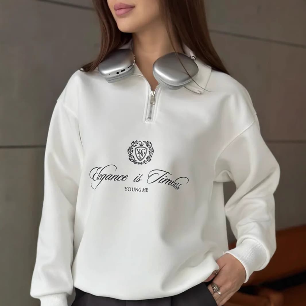 "Luxury Velvet Half-Zip Sweatshirt – Women’s High-End Letter Print Top (White) – Winter-Ready Fleece Lining (S-XXL)"