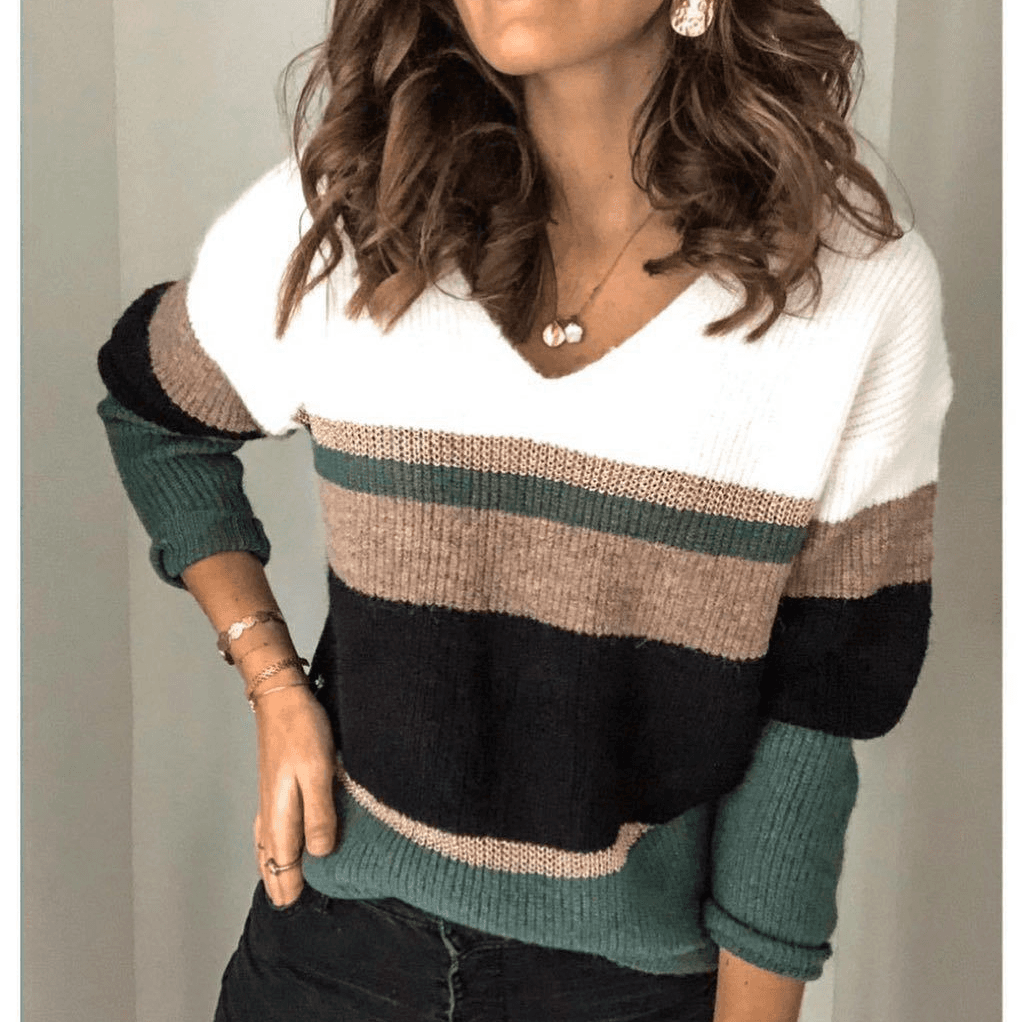 Women's Clothing new INS internet celebrity fashion pullover stitching V-neck large size knitted sweater for women