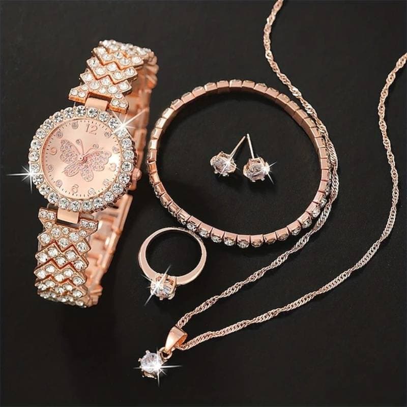 2024 summer new steel strap watch set fashion everything personality full diamond butterfly solid steel strap leisure travel women's quartz watch