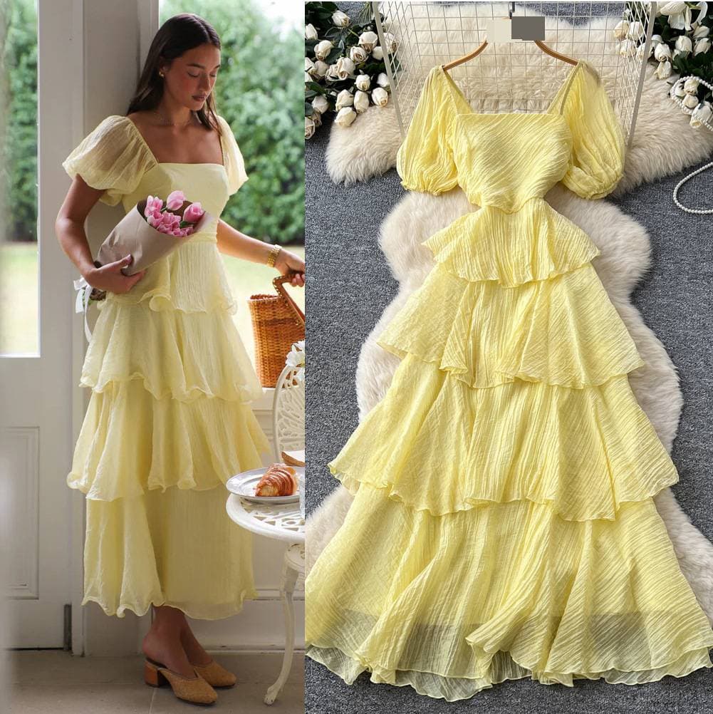 French-Inspired Summer Dress – Square Neck & Puff Sleeves With Tiered Ruffle Hem (Bluish/Black/White/Yellow/Rose Red, One Size)