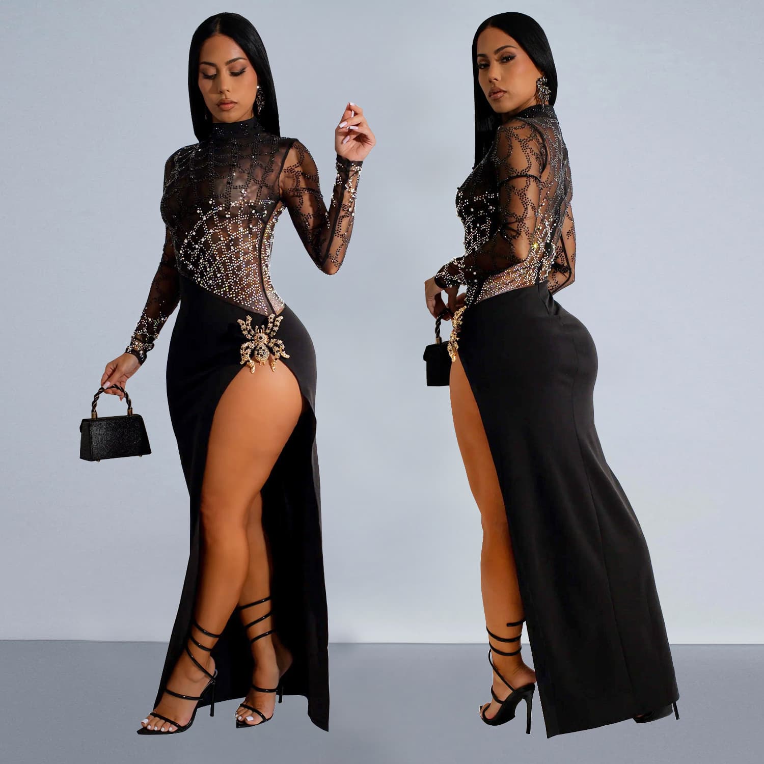 Women's Clothing Fashion Women's Hot Diamond Sexy Hollow Long Sleeved Slit Dress