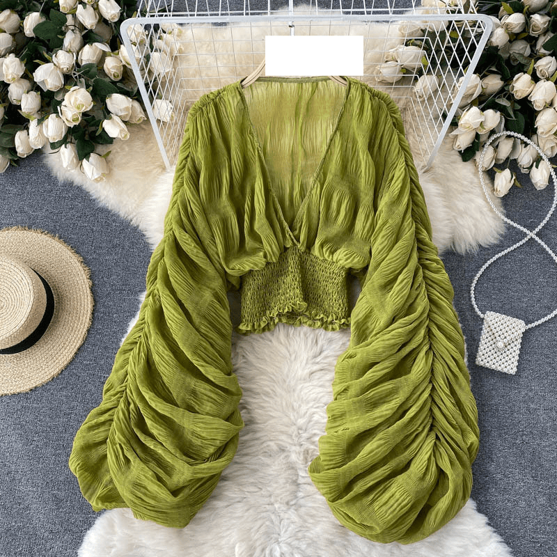 Women's clothing tops for women, design, niche, pleated puff sleeves, slim, short, fashionable, blogger, versatile chiffon shirt